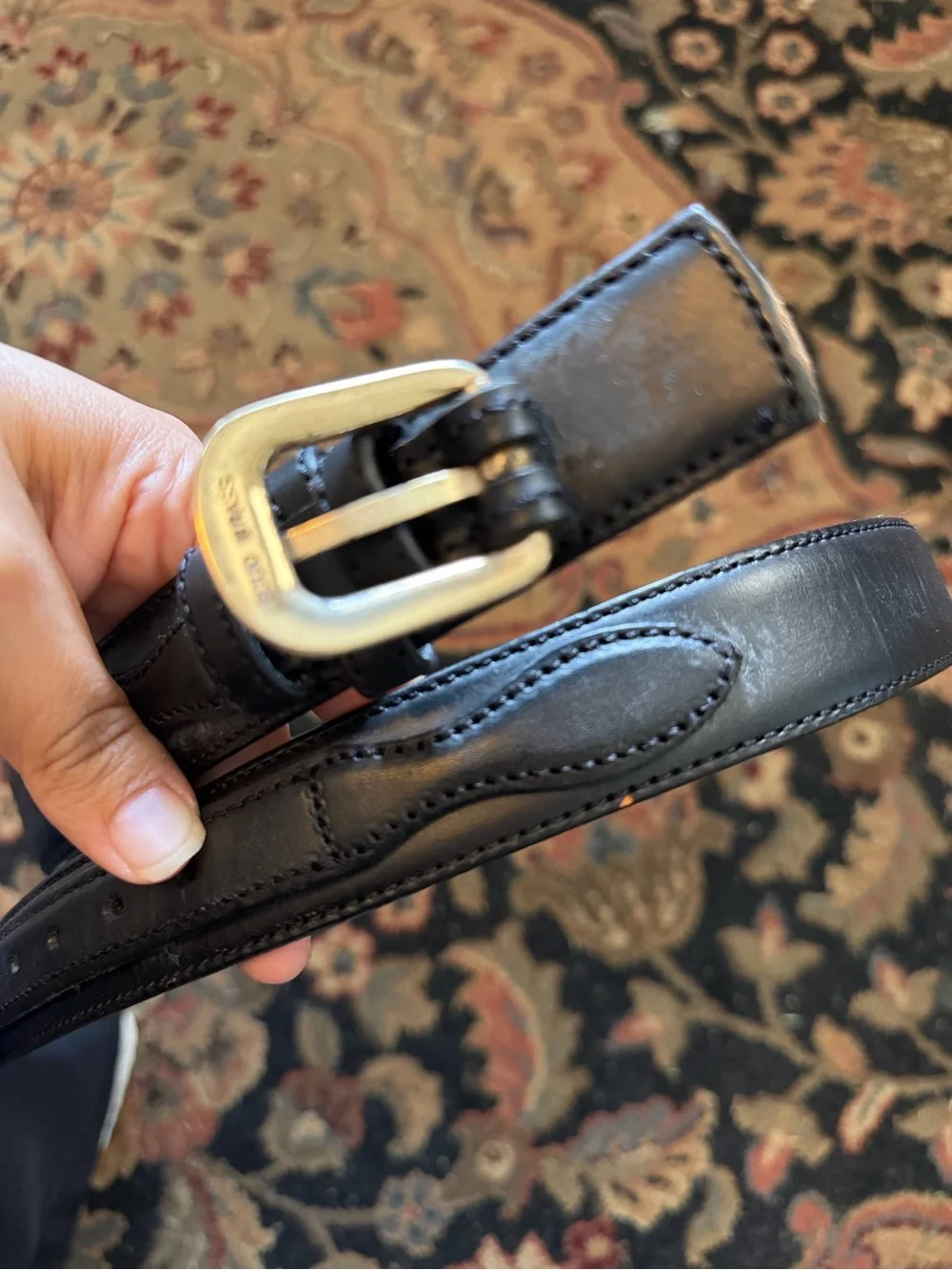 Cabelas Mens black leather belt with silver buckle